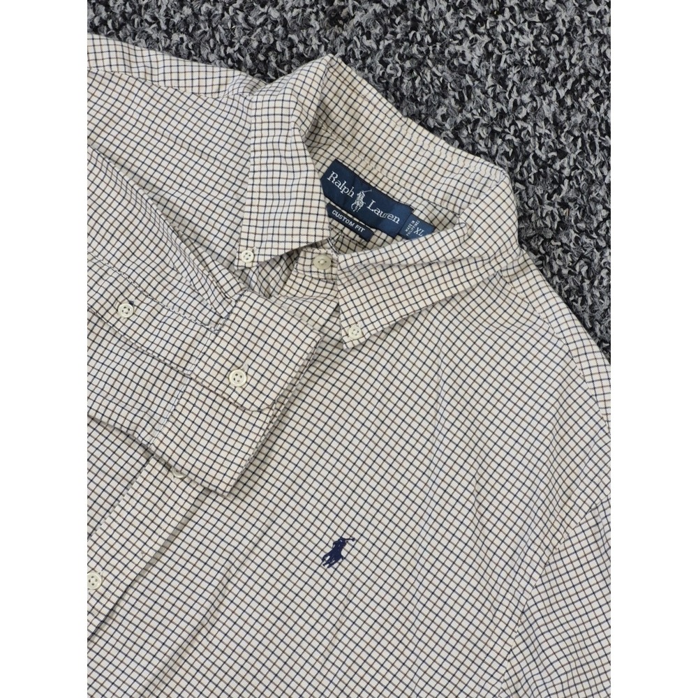 Ralph Lauren Custom Fit Button Down Shirt Mens‎ XL Cream Plaid Long Sleeve